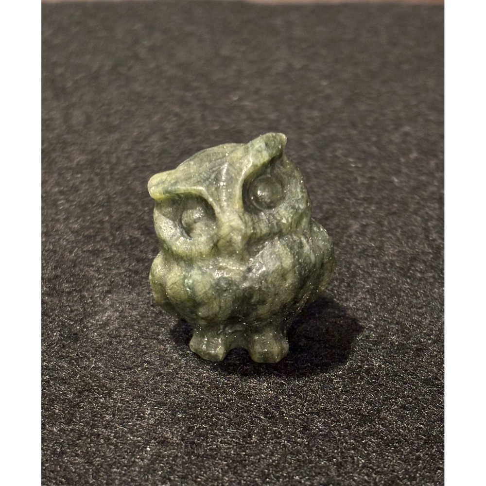 Vintage Hand Carved Green Stone Owl Figurine Miniature Bird Sculpture 1 Inch